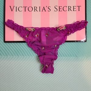 VTG Victoria's Secret Floral Ruffle Mesh Coquette Thong Panty Size Sm